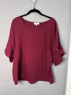 Umgee Maroon Short Ruffle Sleeve Round Neck Blouse Medium